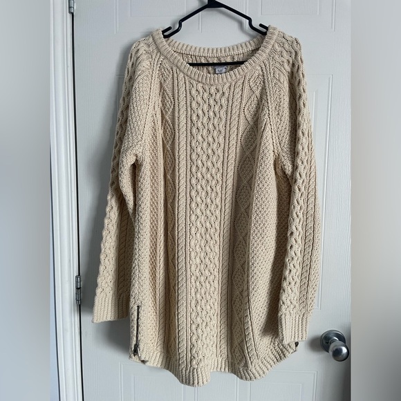 LL Bean Signature XL Cotton Fisherman Cable Knit Tunic Sweater Beige NWT - Picture 2 of 14